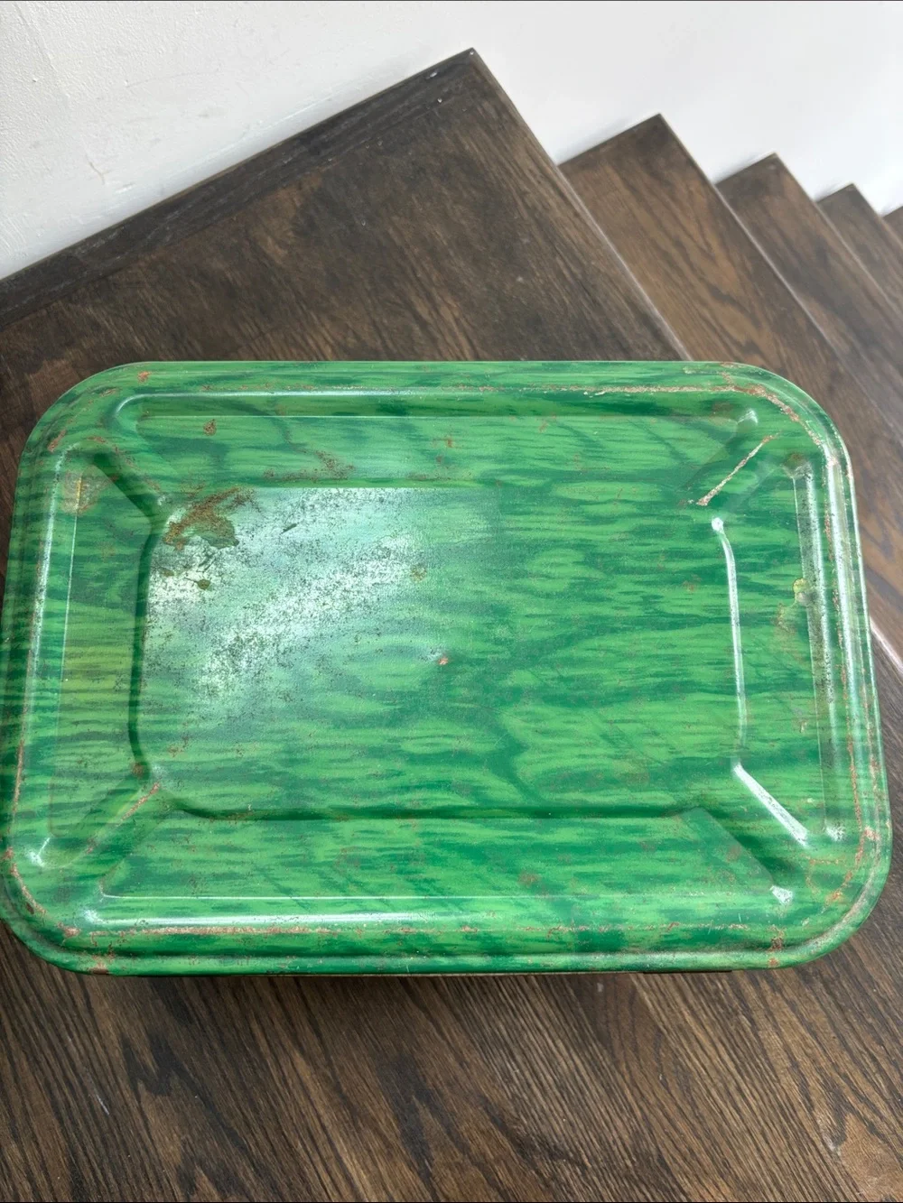 Vintage tin lithograph basket, green faux basket design, handles, hinged lid
